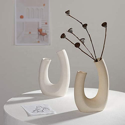 Contemporary Ceramic Vase - Modern Minimalistic Style - Decorative Vase for Home Decor (U White)