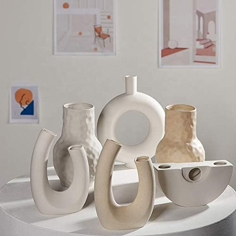 Contemporary Ceramic Vase - Modern Minimalistic Style - Decorative Vase for Home Decor (U White)