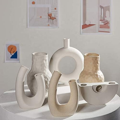 Contemporary Ceramic Vase - Modern Minimalistic Style - Decorative Vase for Home Decor (U White)