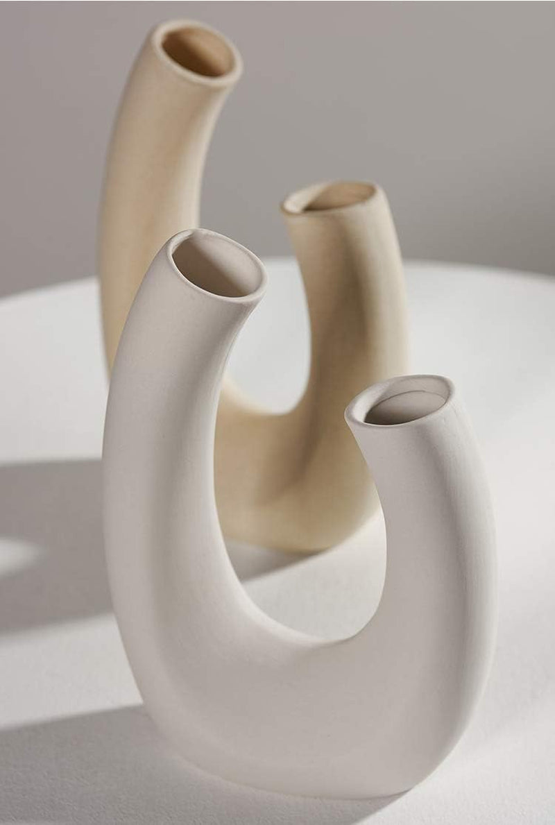 Contemporary Ceramic Vase - Modern Minimalistic Style - Decorative Vase for Home Decor (U White)