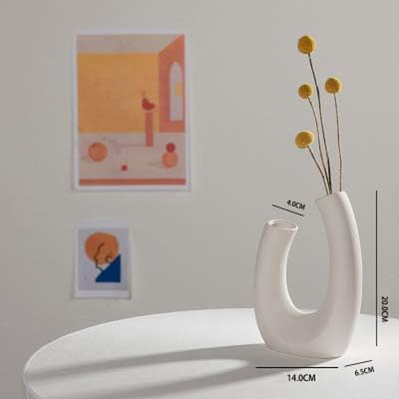 Contemporary Ceramic Vase - Modern Minimalistic Style - Decorative Vase for Home Decor (U White)