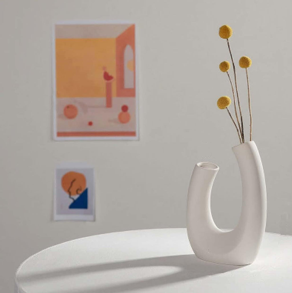 Contemporary Ceramic Vase - Modern Minimalistic Style - Decorative Vase for Home Decor (U White)